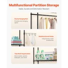 VEVOR Over The Washer and Dryer Storage Shelf, 4 Tier Laundry Room Drying Rack with Hanger Rod and Hooks, Adjustable Over Washer and Dryer Shelves, Laundry Room Shelf Storage Space Saver, Black