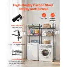 VEVOR Over The Washer and Dryer Storage Shelf, 4 Tier Laundry Room Drying Rack with Hanger Rod and Hooks, Adjustable Over Washer and Dryer Shelves, Laundry Room Shelf Storage Space Saver, Black
