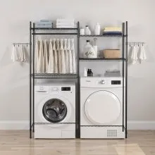 VEVOR Over The Washer and Dryer Storage Shelf, 4 Tier Laundry Room Drying Rack with Hanger Rod and Hooks, Adjustable Over Washer and Dryer Shelves, Laundry Room Shelf Storage Space Saver, Black