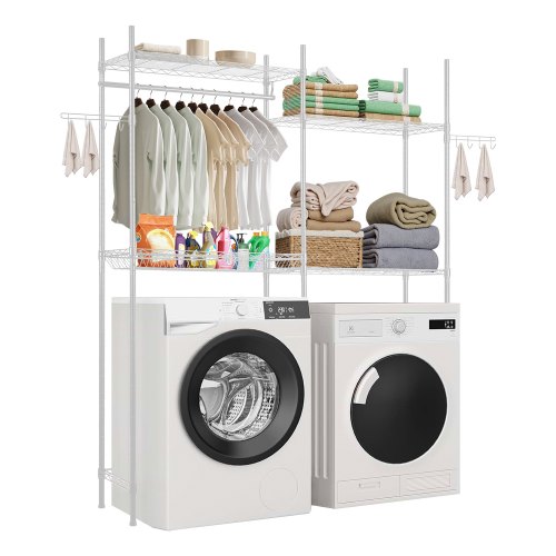 VEVOR Over The Washer and Dryer Storage Shelf, 4 Tier Laundry Room Drying Rack with Hanger Rod and Hooks, Adjustable Over Washer and Dryer Shelves, Laundry Room Shelf Storage Space Saver, White