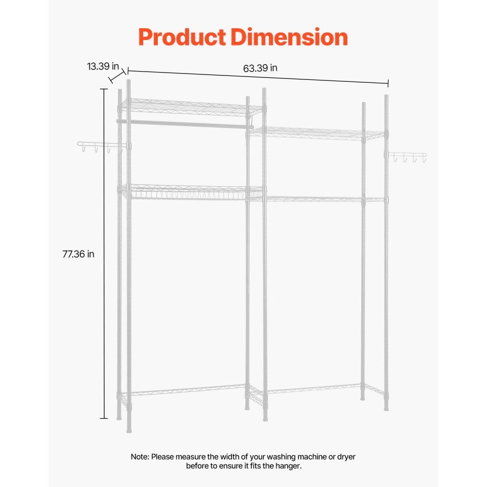 VEVOR Over Washer and Dryer Storage Shelves, 4 Tiers Laundry Room Drying Rack with Hanger Rod and Hooks, Two Rows Adjustable Washer Shelves Space Saver, for Laundry Room Storage & Organization, White