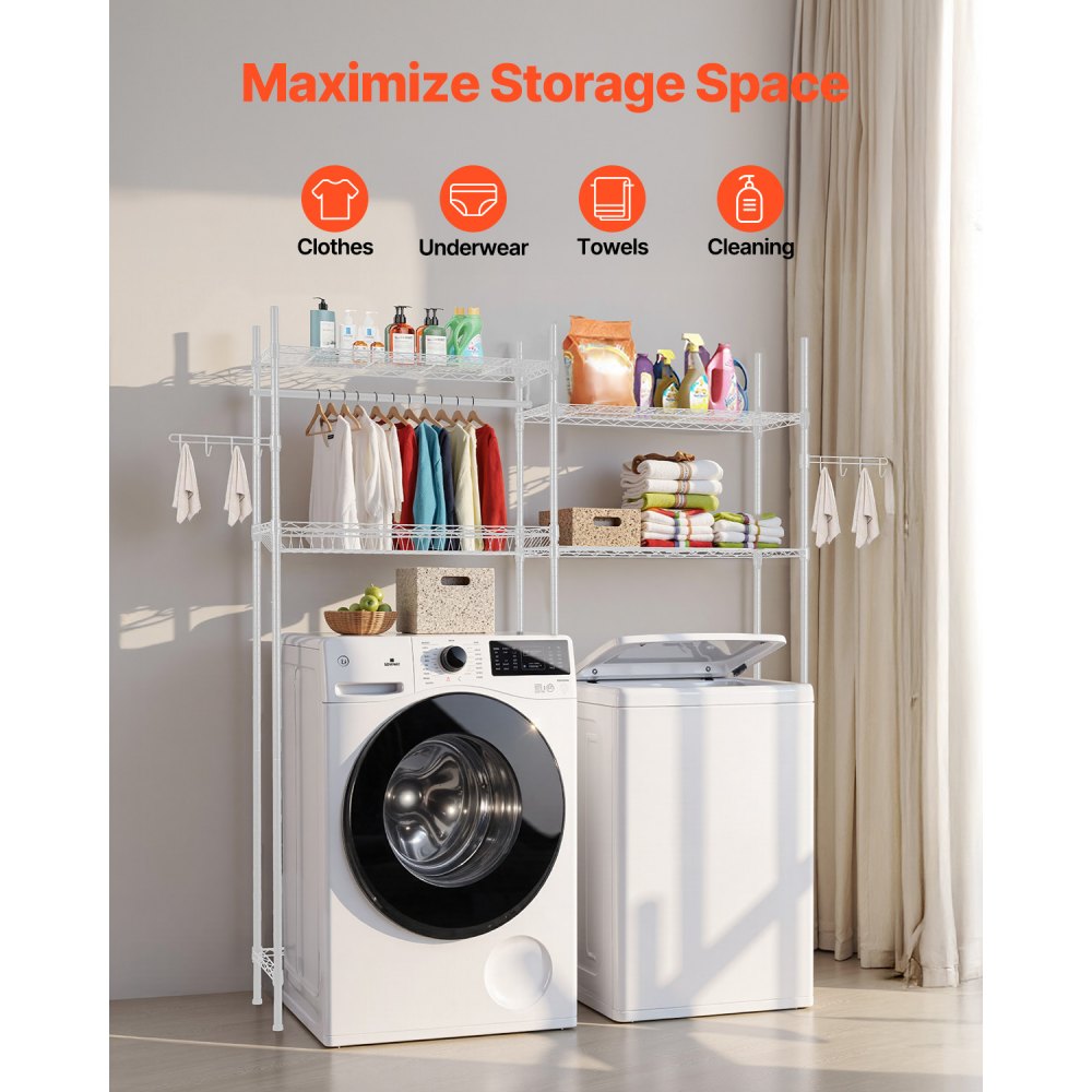 VEVOR Over Washer and Dryer Storage Shelves, 4 Tiers Laundry Room Drying Rack with Hanger Rod and Hooks, Two Rows Adjustable Washer Shelves Space Saver, for Laundry Room Storage & Organization, White