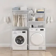 VEVOR Over The Washer and Dryer Storage Shelf, 4 Tier Laundry Room Drying Rack with Hanger Rod and Hooks, Adjustable Over Washer and Dryer Shelves, Laundry Room Shelf Storage Space Saver, White