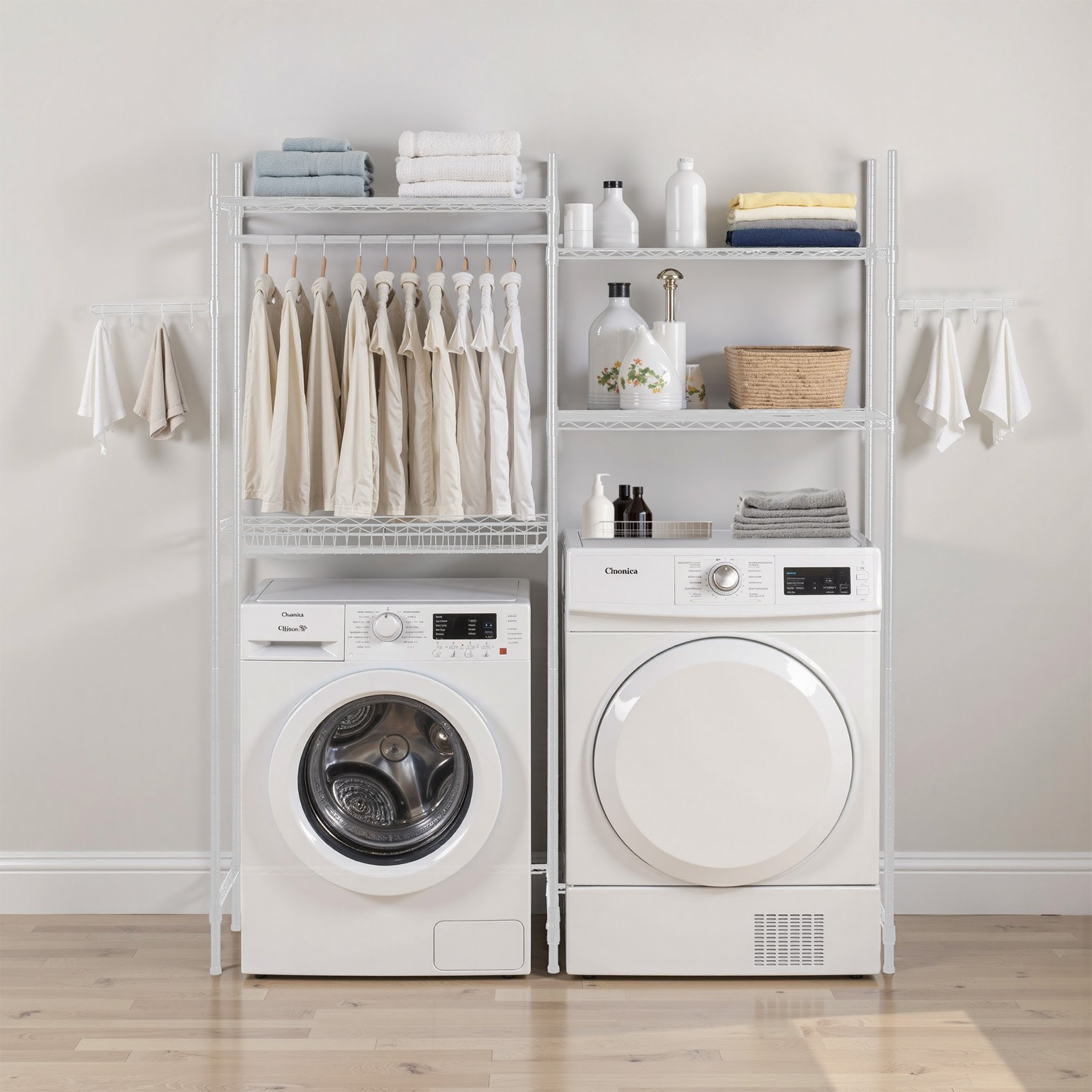 VEVOR Over Washer and Dryer Storage Shelves, 4 Tiers Laundry Room Drying Rack with Hanger Rod and Hooks, Two Rows Adjustable Washer Shelves Space Saver, for Laundry Room Storage & Organization, White