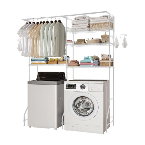 VEVOR Over The Washer and Dryer Storage Shelf, 6 Tier Laundry Room Drying Rack with Hanger Rod and Hooks, Adjustable Over Washer and Dryer Shelves, Laundry Room Shelf Storage Space Saver, White