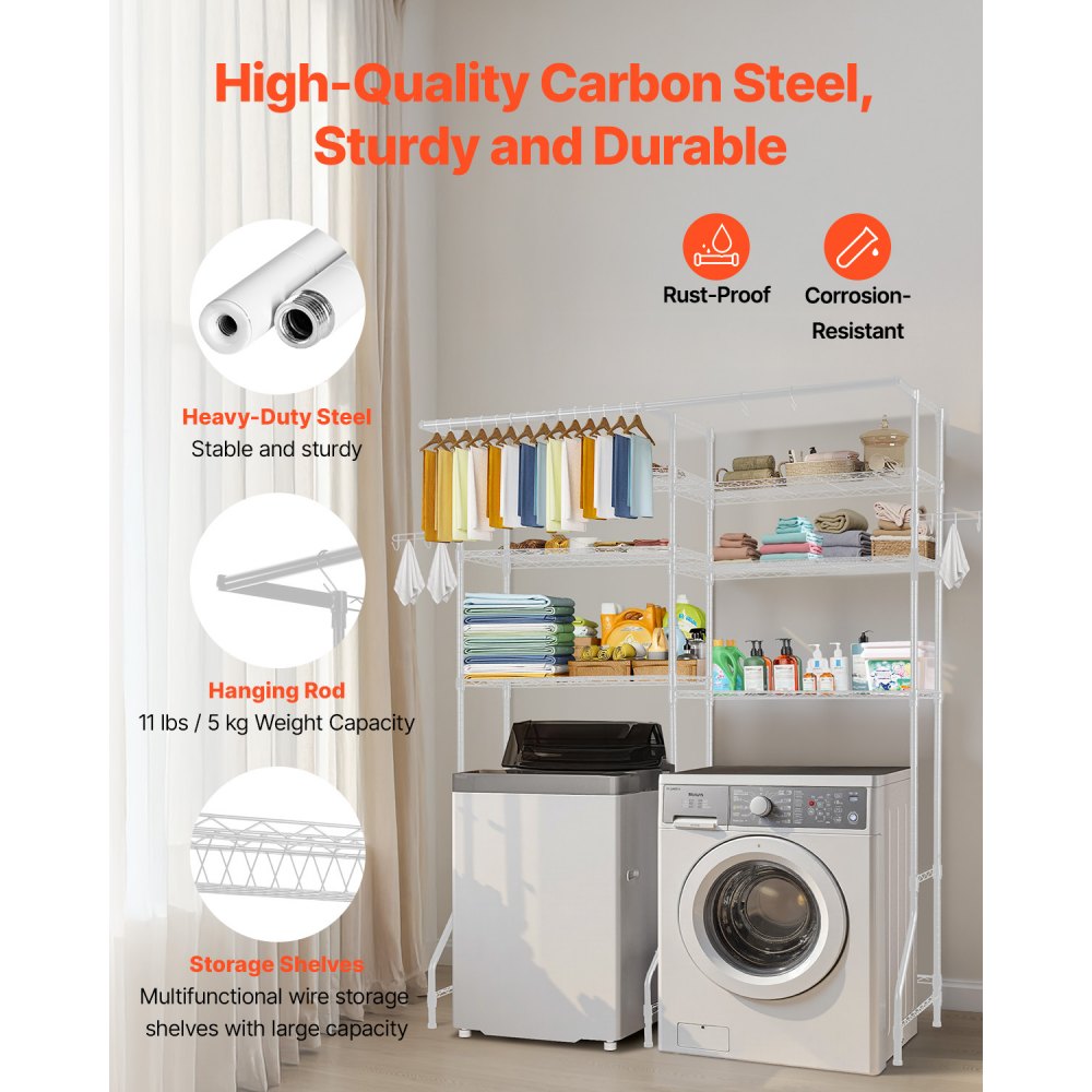 VEVOR Over Washer and Dryer Storage Shelves, 6 Tiers Laundry Room Drying Rack with Hanger Rod and Hooks, Two Rows Adjustable Washer Shelves Space Saver, for Laundry Room Storage & Organization, White