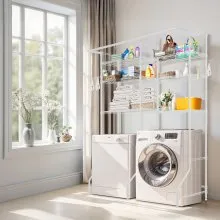 VEVOR Over The Washer and Dryer Storage Shelf, 6 Tier Laundry Room Drying Rack with Hanger Rod and Hooks, Adjustable Over Washer and Dryer Shelves, Laundry Room Shelf Storage Space Saver, White