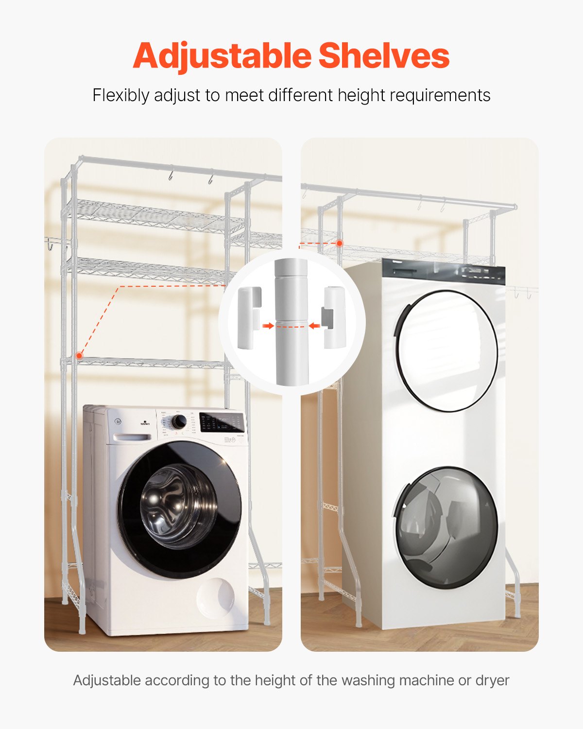 VEVOR Over Washer and Dryer Storage Shelves, 6 Tiers Laundry Room Drying Rack with Hanger Rod and Hooks, Two Rows Adjustable Washer Shelves Space Saver, for Laundry Room Storage & Organization, White