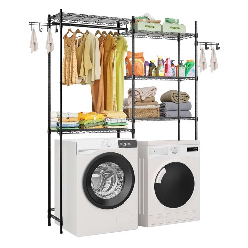 VEVOR Over The Washer and Dryer Storage Shelf, 5 Tier Laundry Room Drying Rack with Hanger Rod and Hooks, Adjustable Over Washer and Dryer Shelves, Laundry Room Shelf Storage Space Saver, Black