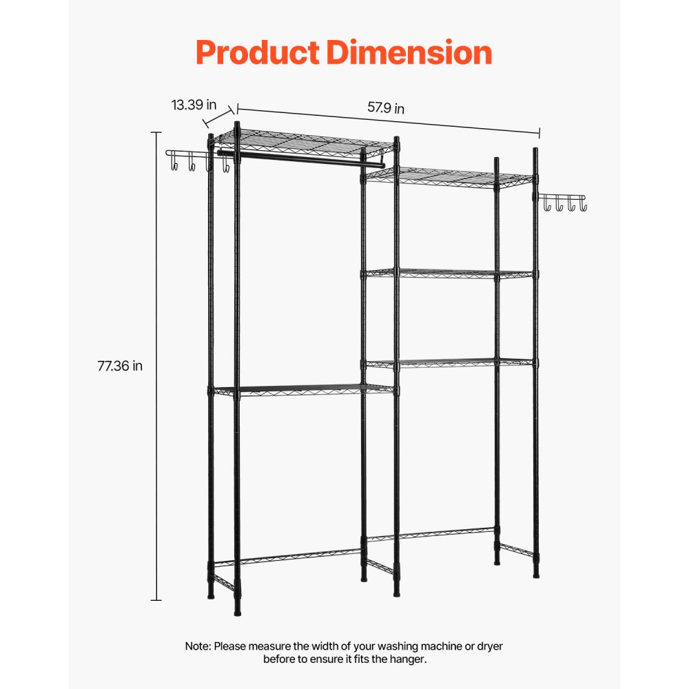 VEVOR Over Washer and Dryer Storage Shelves, 5 Tiers Laundry Room Drying Rack with Hanger Rod and Hooks, Two Rows Adjustable Washer Shelves Space Saver, for Laundry Room Storage & Organization, Black