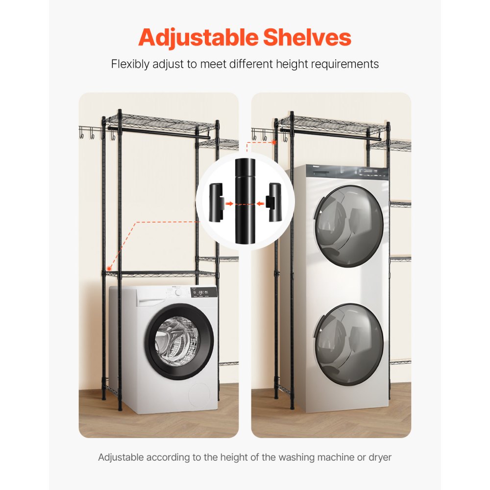 VEVOR Over Washer and Dryer Storage Shelves, 5 Tiers Laundry Room Drying Rack with Hanger Rod and Hooks, Two Rows Adjustable Washer Shelves Space Saver, for Laundry Room Storage & Organization, Black