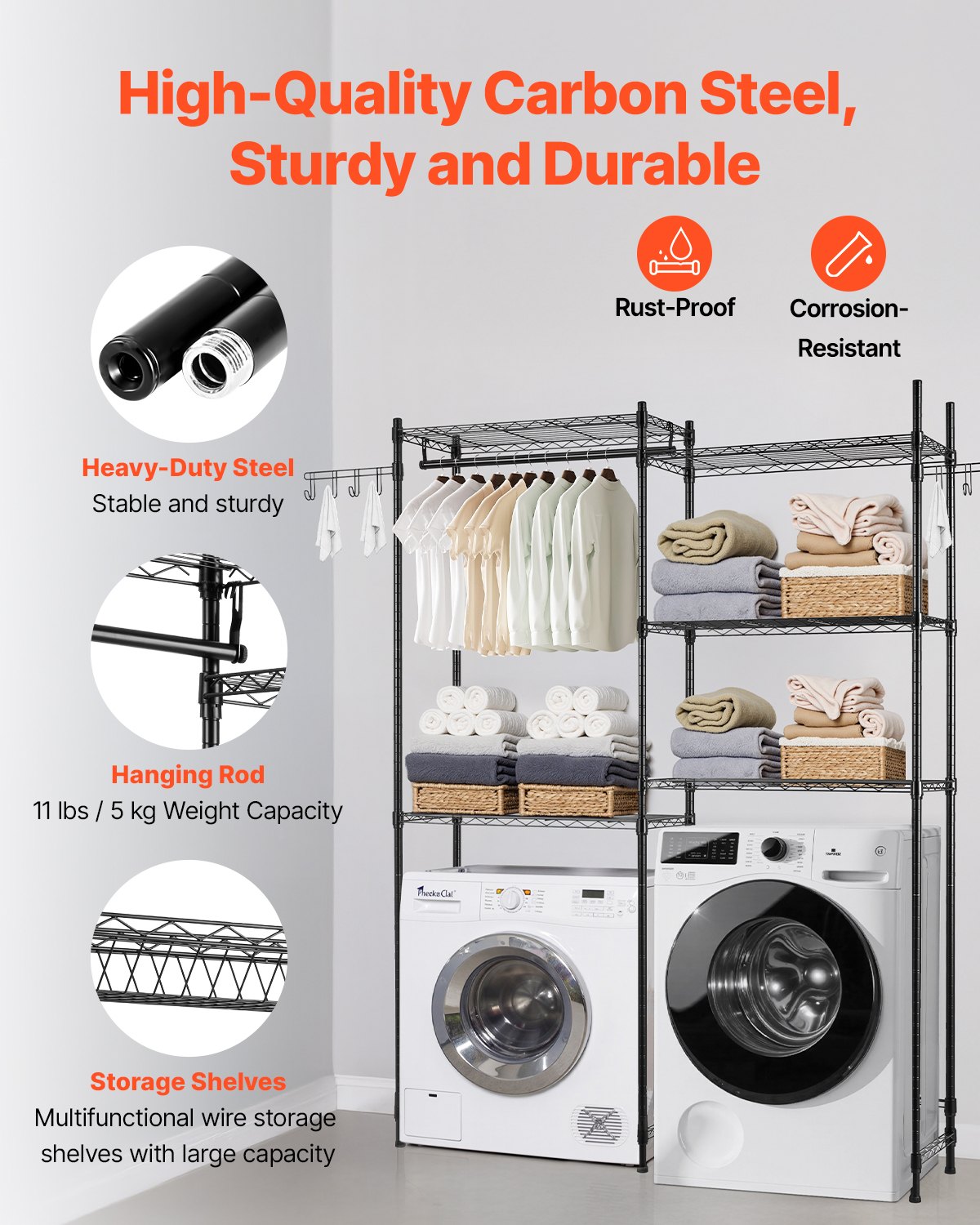 VEVOR Over Washer and Dryer Storage Shelves, 5 Tiers Laundry Room Drying Rack with Hanger Rod and Hooks, Two Rows Adjustable Washer Shelves Space Saver, for Laundry Room Storage & Organization, Black