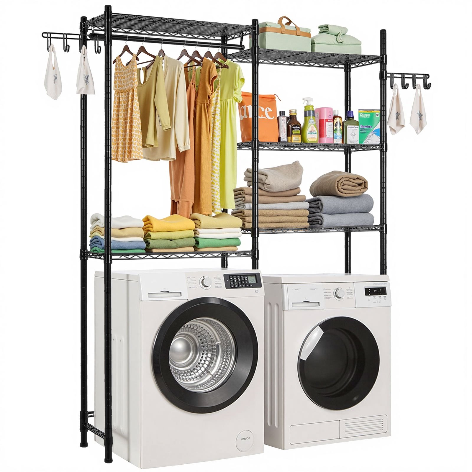 VEVOR Over Washer and Dryer Storage Shelves, 5 Tiers Laundry Room Drying Rack with Hanger Rod and Hooks, Two Rows Adjustable Washer Shelves Space Saver, for Laundry Room Storage & Organization, Black