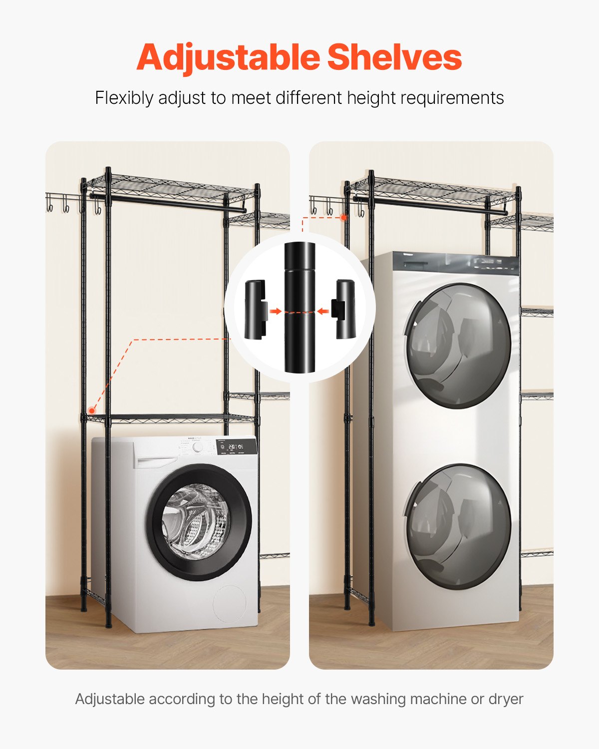 VEVOR Over Washer and Dryer Storage Shelves, 5 Tiers Laundry Room Drying Rack with Hanger Rod and Hooks, Two Rows Adjustable Washer Shelves Space Saver, for Laundry Room Storage & Organization, Black