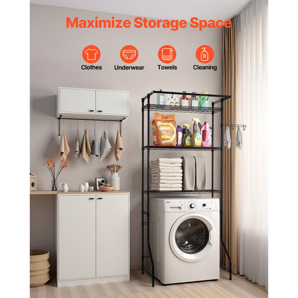 VEVOR Over Washer and Dryer Storage Shelf, 3 Tiers Laundry Room Drying Rack with Hanger Rod and Hooks, Single Row Adjustable Washer Shelves Space Saver, for Laundry Room Storage & Organization, Black