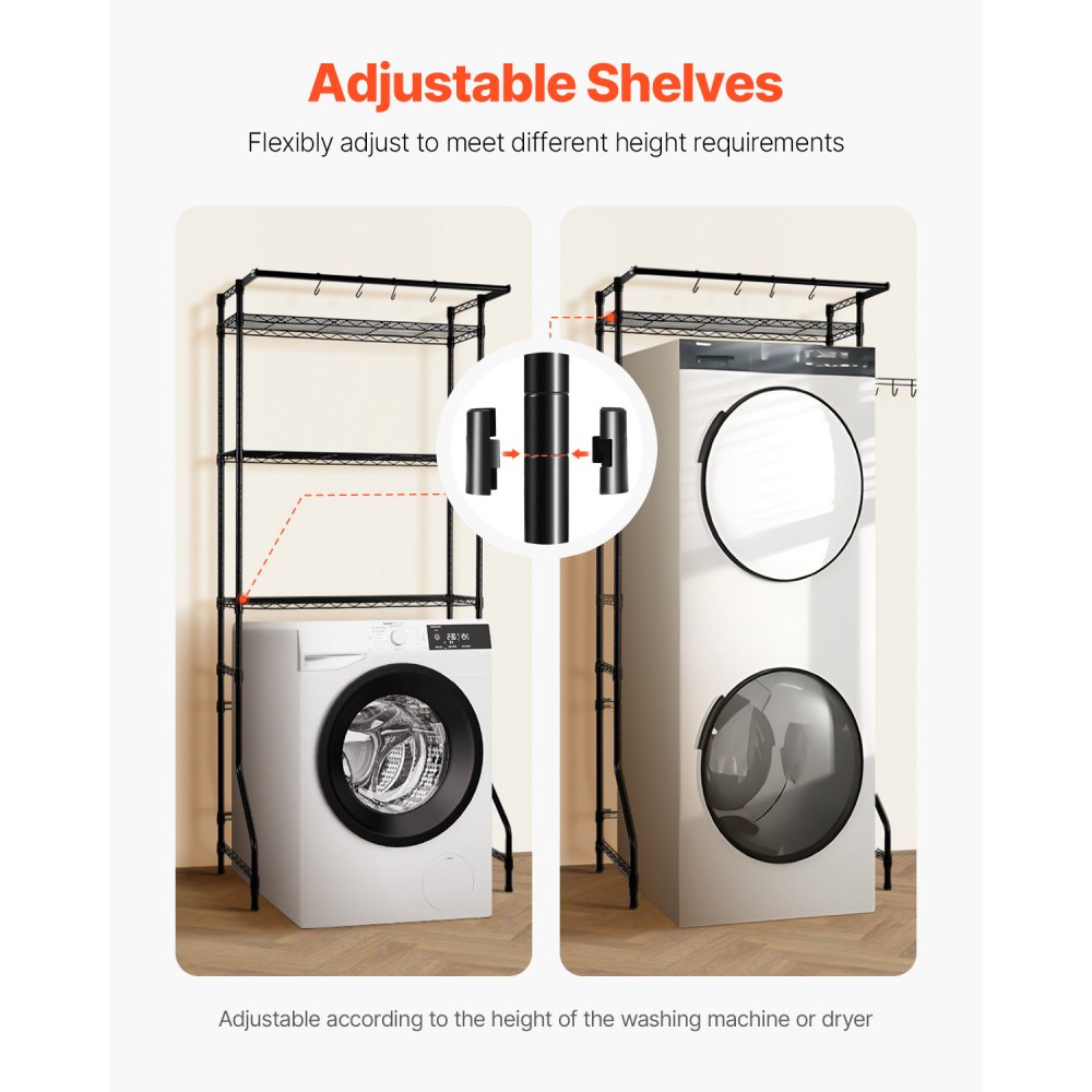 VEVOR Over Washer and Dryer Storage Shelf, 3 Tiers Laundry Room Drying Rack with Hanger Rod and Hooks, Single Row Adjustable Washer Shelves Space Saver, for Laundry Room Storage & Organization, Black