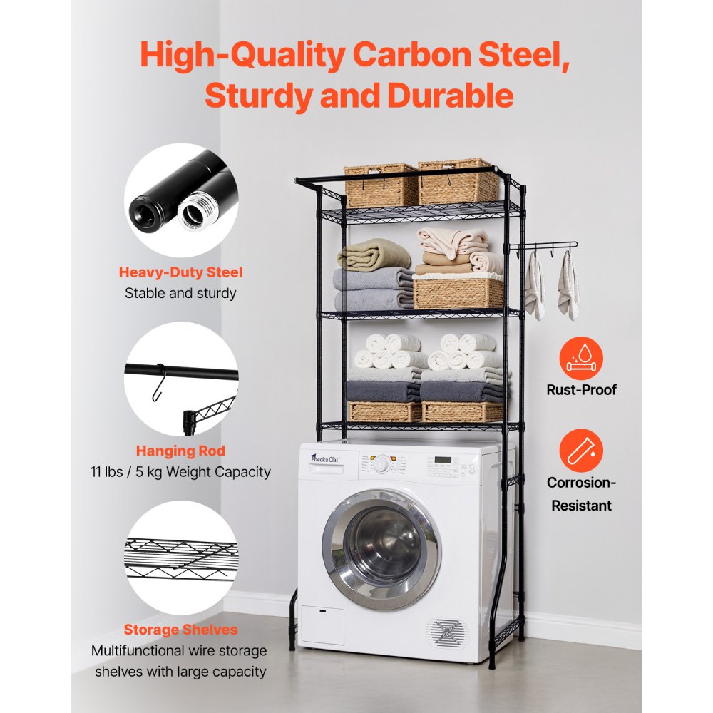 VEVOR Over Washer and Dryer Storage Shelf, 3 Tiers Laundry Room Drying Rack with Hanger Rod and Hooks, Single Row Adjustable Washer Shelves Space Saver, for Laundry Room Storage & Organization, Black