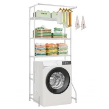 VEVOR Over The Washer and Dryer Storage Shelf, 3 Tier Laundry Room Drying Rack with Hanger Rod and Hooks, Adjustable Over Washer and Dryer Shelves, Laundry Room Shelf Storage Space Saver, White