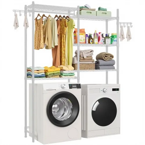 VEVOR Over Washer and Dryer Storage Shelves, 5 Tiers Laundry Room Drying Rack with Hanger Rod and Hooks, Two Rows Adjustable Washer Shelves Space Saver, for Laundry Room Storage & Organization, White