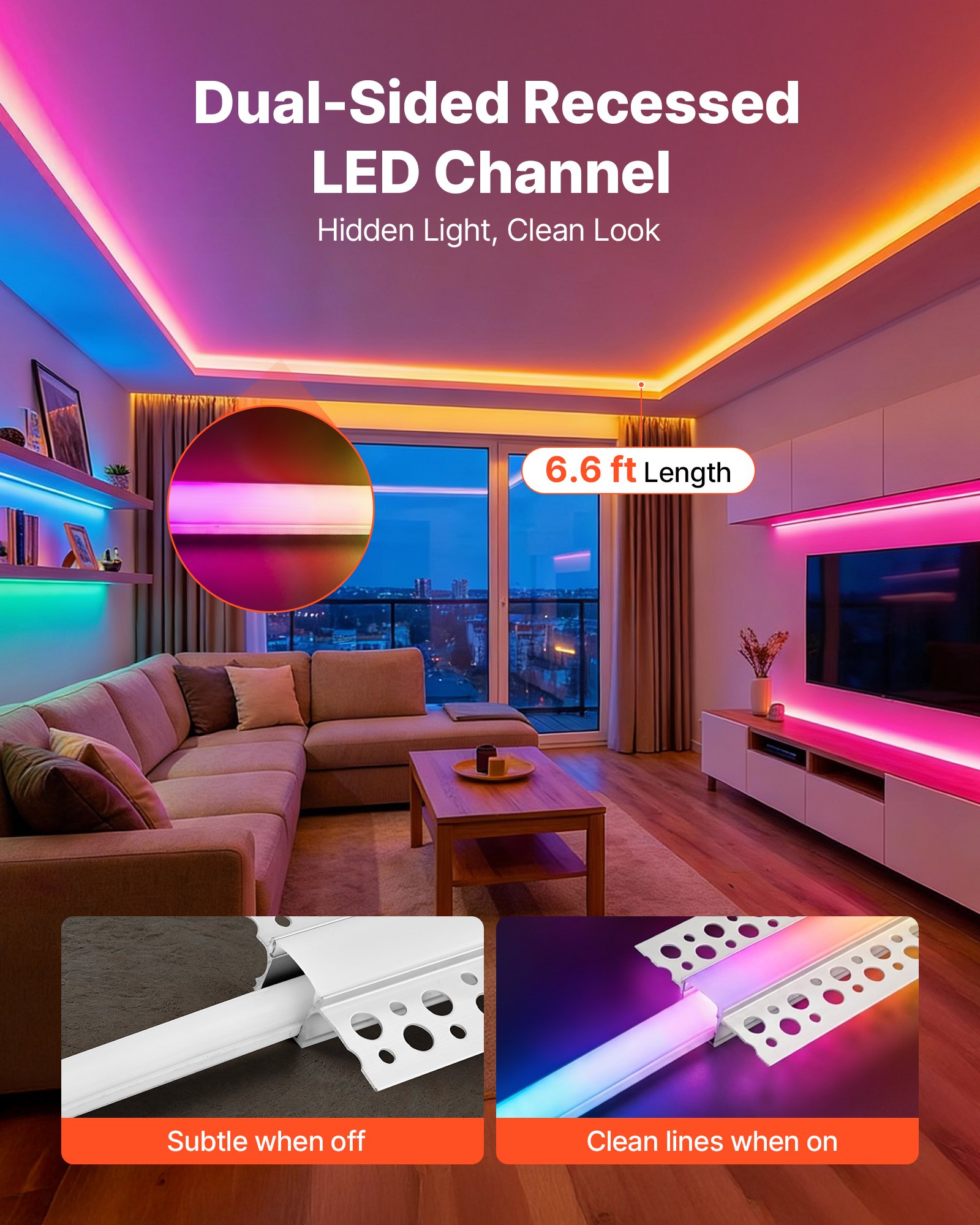 VEVOR Plaster-in LED Aluminum Channel, 10-Pack 6.6 ft/2M, Trimless Recessed Drywall LED Strip Diffuser Channel, with Milky Cover, End Caps and Mounting Clips, Aluminum Profile, for Wall and Ceiling