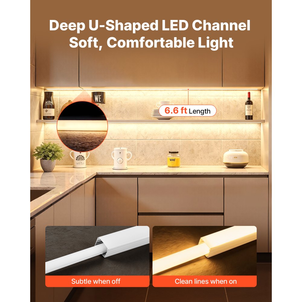 VEVOR 10-Pack 6.6 ft/2M Plus-Size U Shape LED Aluminum Channel, with Milky Cover, End Caps and Mounting Clips, Aluminum Profile for LED Strip Light, Easy Installation, for Under Cabinet Ceiling Coves