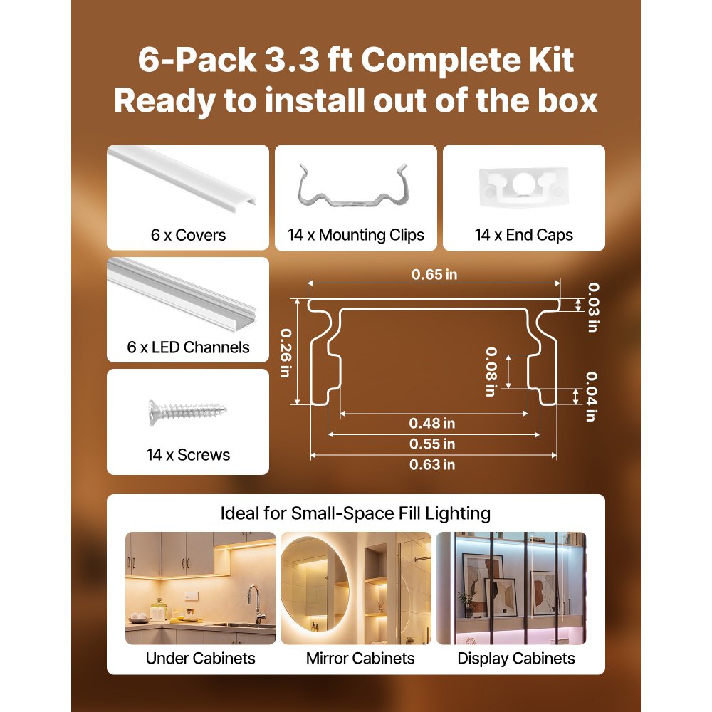 VEVOR 6-Pack 3.3 ft/1M U Shape LED Aluminum Channel, with Milky Cover, End Caps and Mounting Clips, Aluminum Profile for LED Strip Light Installations, Easy Installation, for Under Cabinet Counter