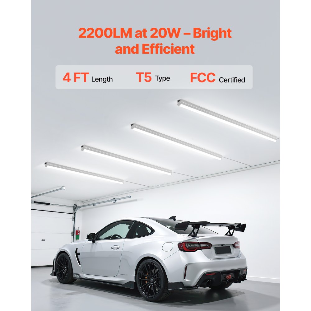 VEVOR LED Shop Light, 6 Pack T5 Integrated Single Fixture, 4FT, 2200lm, 6500K Linkable LED Tube Light, Corded Electric with ON/Off Switch, Suitable for Garage Warehouse Workbench Workshop