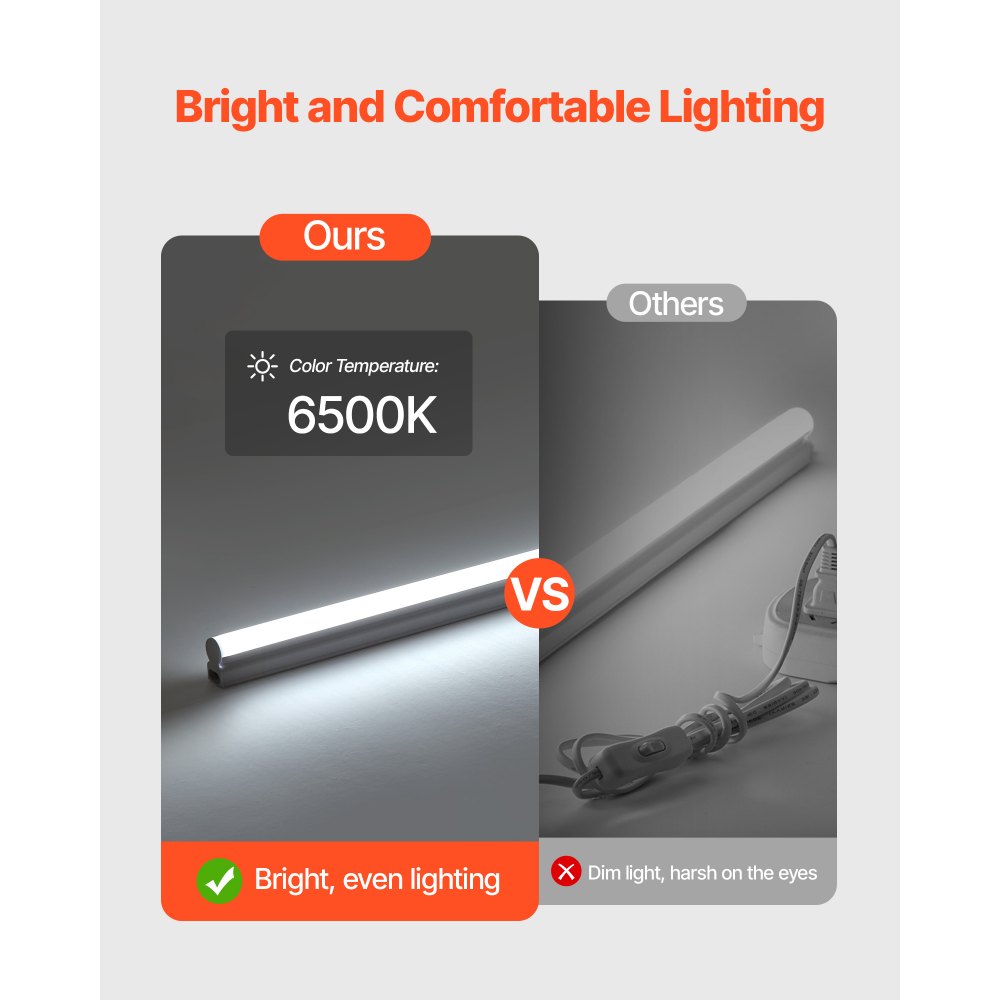 VEVOR LED Shop Light, 6 Pack T5 Integrated Single Fixture, 4FT, 2200lm, 6500K Linkable LED Tube Light, Corded Electric with ON/Off Switch, Suitable for Garage Warehouse Workbench Workshop