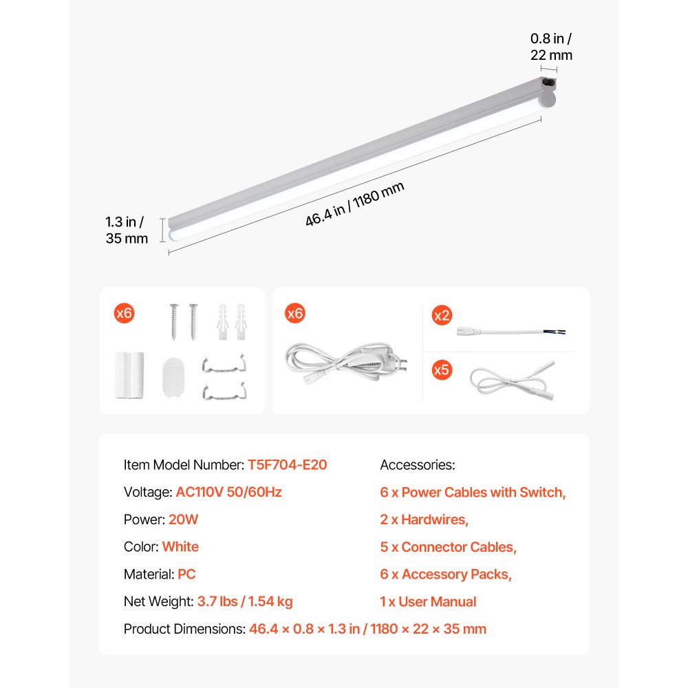 VEVOR LED Shop Light, 6 Pack T5 Integrated Single Fixture, 4FT, 2200lm, 6500K Linkable LED Tube Light, Corded Electric with ON/Off Switch, Suitable for Garage Warehouse Workbench Workshop
