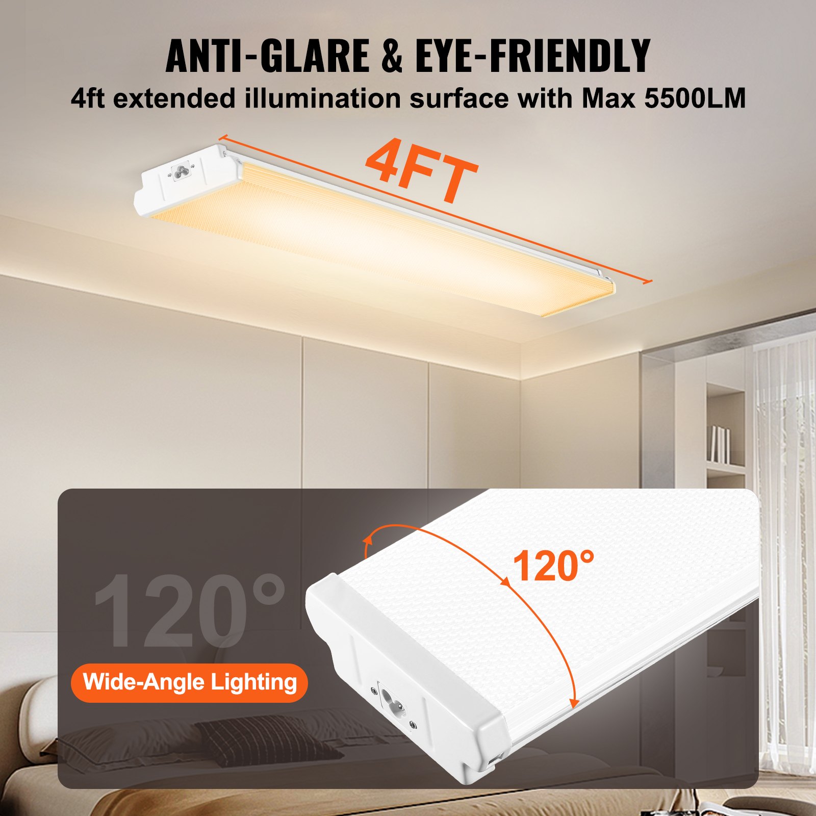 VEVOR 4FT LED Wraparound Light, 50W, 5500LM Flush Mount LED Shop Light, 3000K/4000K/5000K Adjustable LED Kitchen Ceiling Lighting Fixtures for Garage Office Laundry Fluorescent Tube Replacement, FCC
