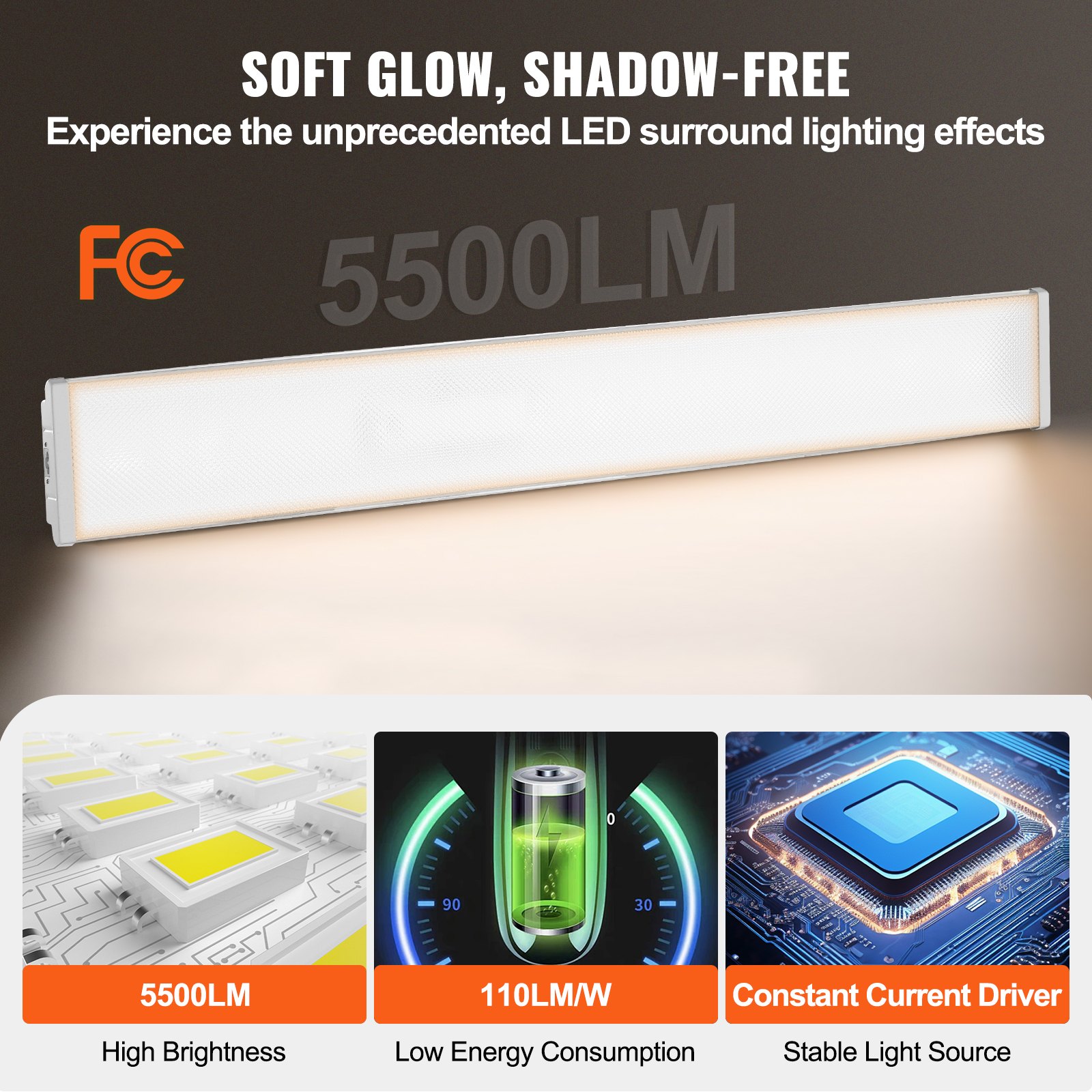 VEVOR 4FT LED Wraparound Light, 50W, 5500LM Flush Mount LED Shop Light, 3000K/4000K/5000K Adjustable LED Kitchen Ceiling Lighting Fixtures for Garage Office Laundry Fluorescent Tube Replacement, FCC