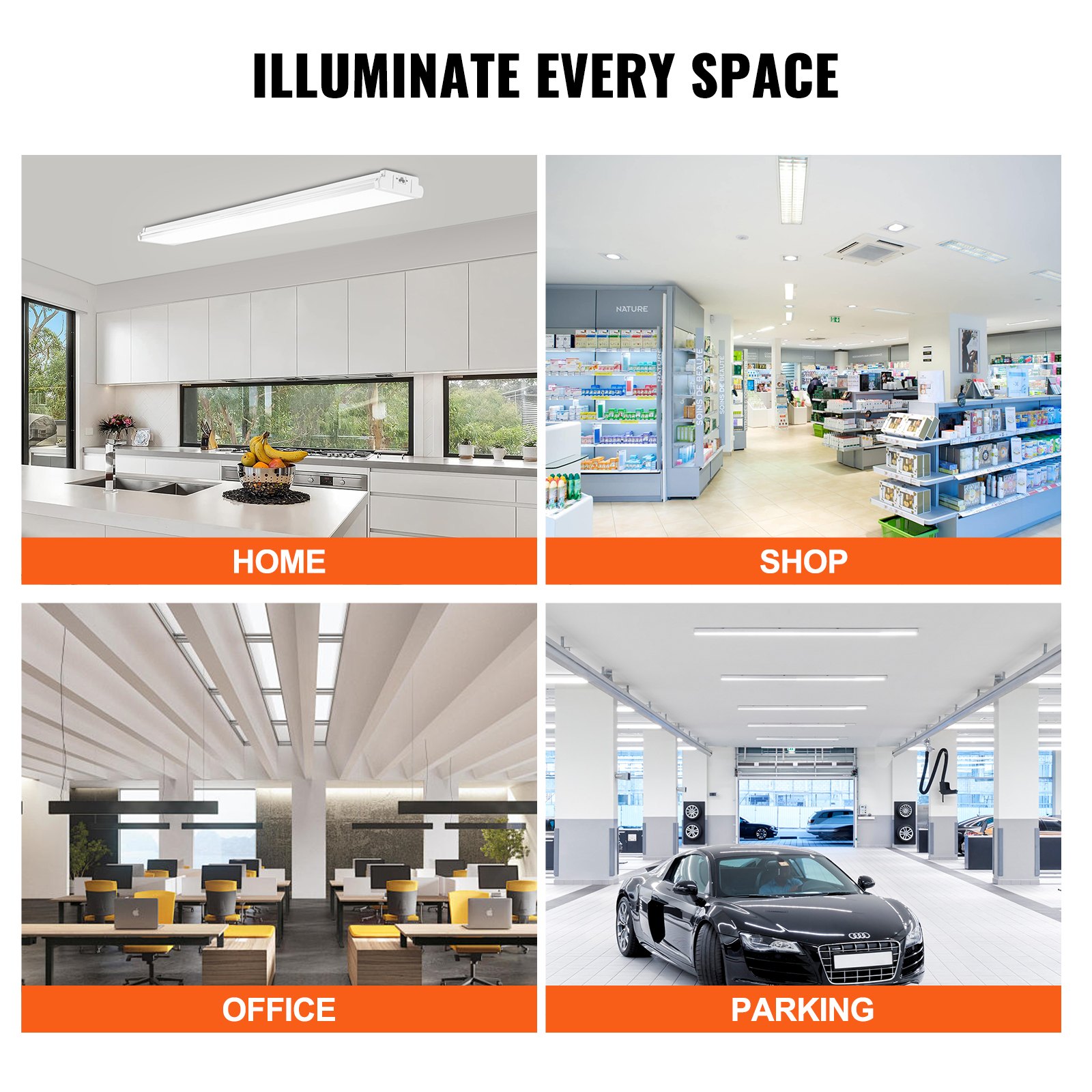 VEVOR 4FT LED Wraparound Light, 50W, 5500LM Flush Mount LED Shop Light, 3000K/4000K/5000K Adjustable LED Kitchen Ceiling Lighting Fixtures for Garage Office Laundry Fluorescent Tube Replacement, FCC