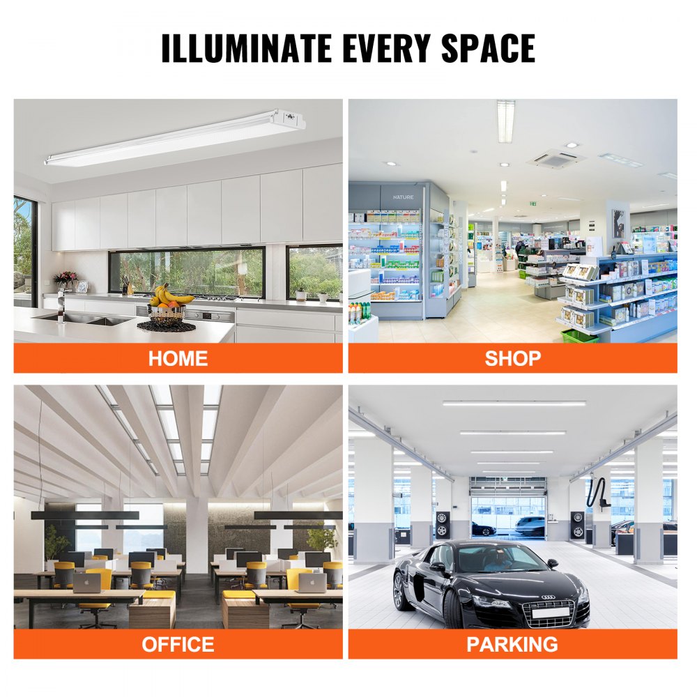VEVOR 8FT LED Wraparound Light, 110W 10,000LM, Flush Mount LED Shop Light, 4 Pack 6500K Daylight LED Kitchen Ceiling Lighting Fixtures, for Garage Office Laundry Fluorescent Tube Replacement, FCC