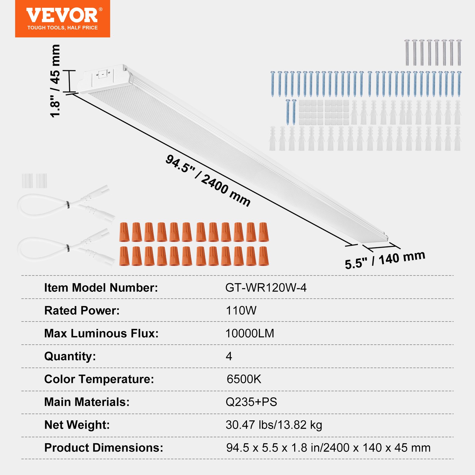 VEVOR 8FT LED Wraparound Light, 110W 10,000LM, Flush Mount LED Shop Light, 4 Pack 6500K Daylight LED Kitchen Ceiling Lighting Fixtures, for Garage Office Laundry Fluorescent Tube Replacement, ETL