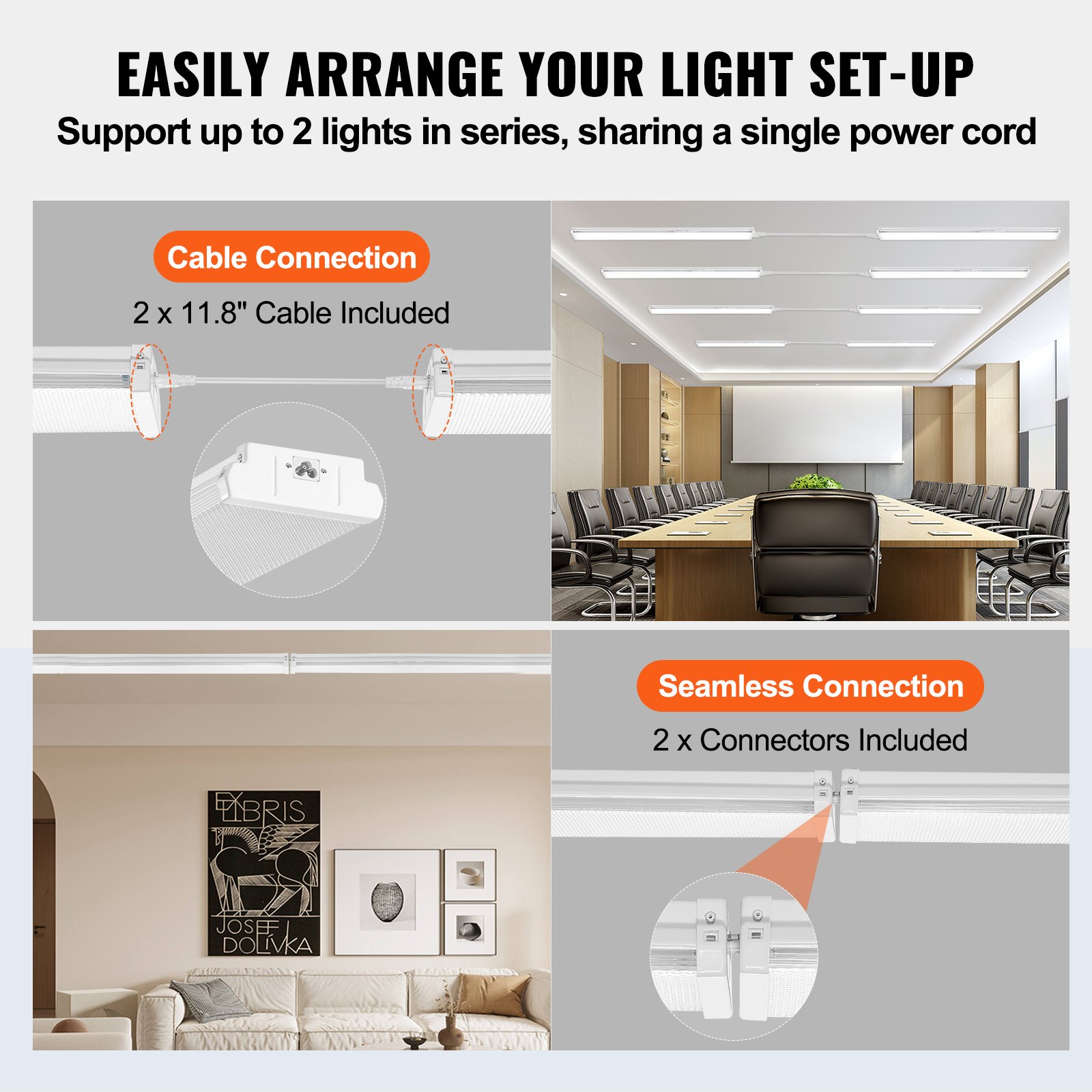 VEVOR 8FT LED Wraparound Light, 110W 10,000LM, Flush Mount LED Shop Light, 4 Pack 6500K Daylight LED Kitchen Ceiling Lighting Fixtures, for Garage Office Laundry Fluorescent Tube Replacement, FCC