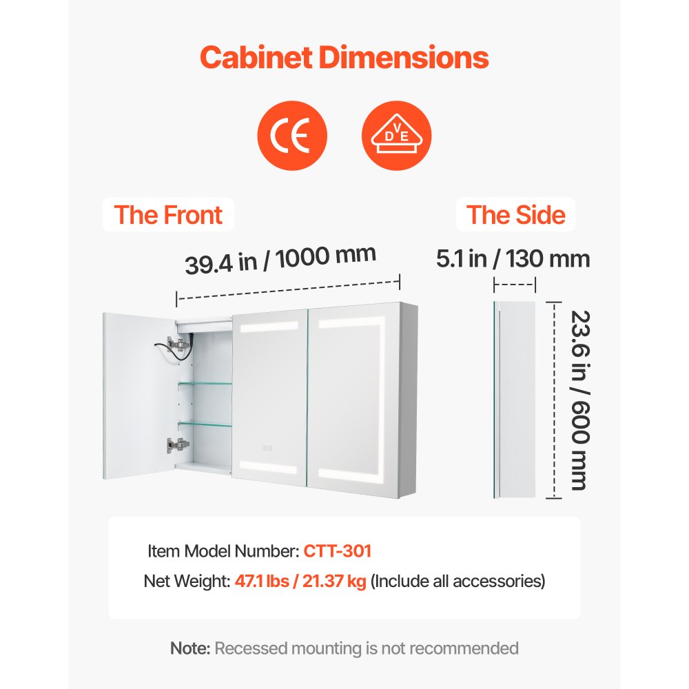 VEVOR Lighted Medicine Cabinet with Mirror, 100 x 60 cm Wall-Mounted, 3 Color Dimmable LED Bathroom Medicine Cabinet with Tempered Glass Mirror, Memory Function/2 Adjustable Shelves/ Outlets & USBs