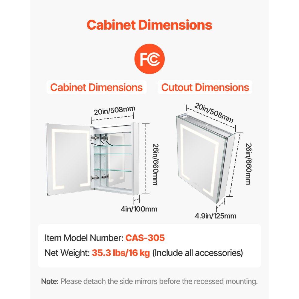 VEVOR Lighted Medicine Cabinet with Mirror, 20 x 26 in Recessed or Wall Mount, 3 Color Dimmable LED Bathroom Medicine Cabinet with Double-Side Mirror, Adjustable Shelves, Memory Anti-Fog Function