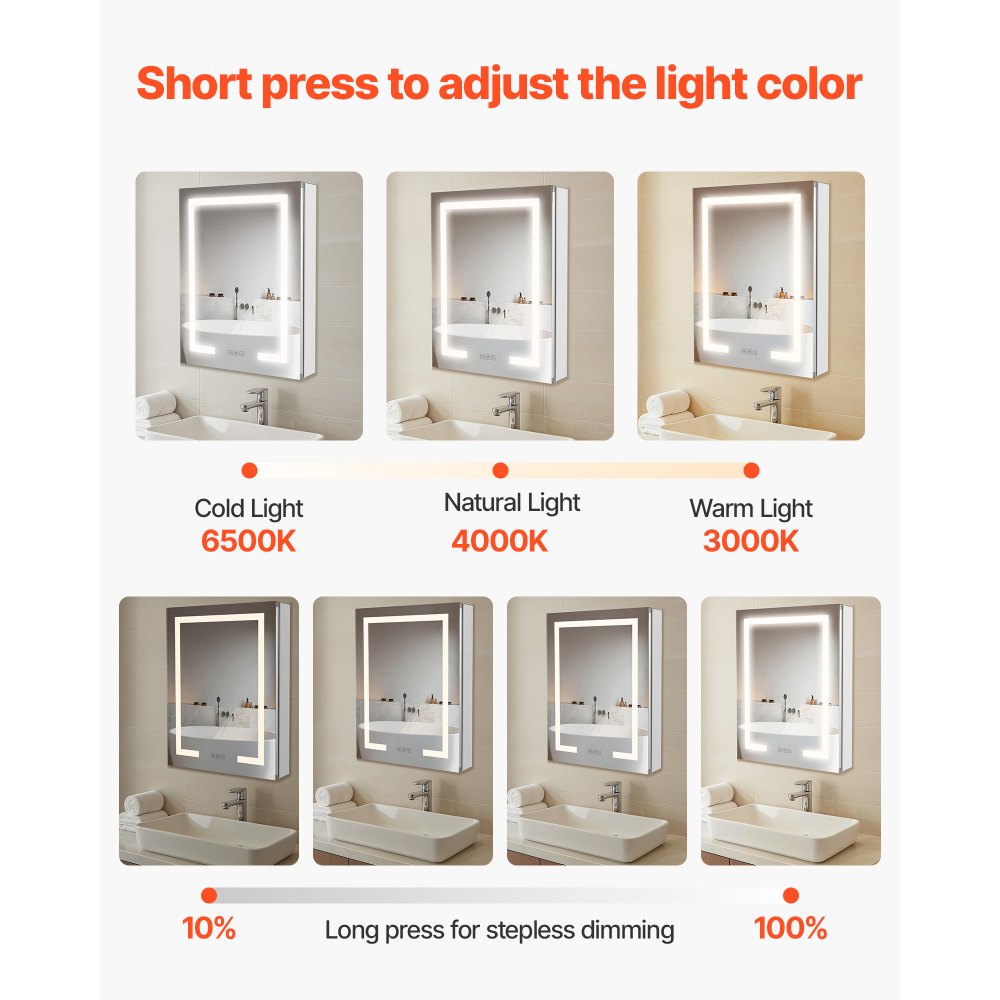 VEVOR Lighted Medicine Cabinet with Mirror, 20 x 26 in Recessed or Wall Mount, 3 Color Dimmable LED Bathroom Medicine Cabinet with Double-Side Mirror, Adjustable Shelves, Memory Anti-Fog Function