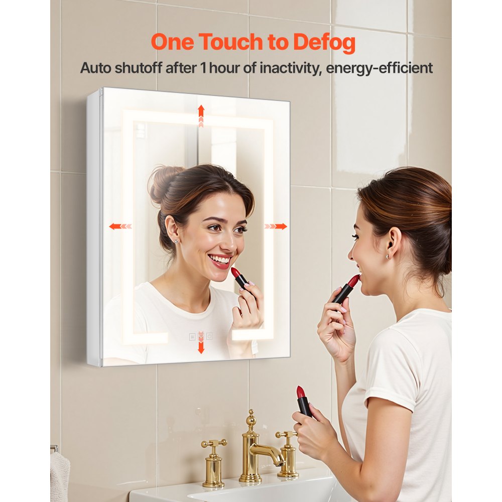 VEVOR Lighted Medicine Cabinet with Mirror, 20 x 26 in Recessed or Wall Mount, 3 Color Dimmable LED Bathroom Medicine Cabinet with Double-Side Mirror, Adjustable Shelves, Memory Anti-Fog Function