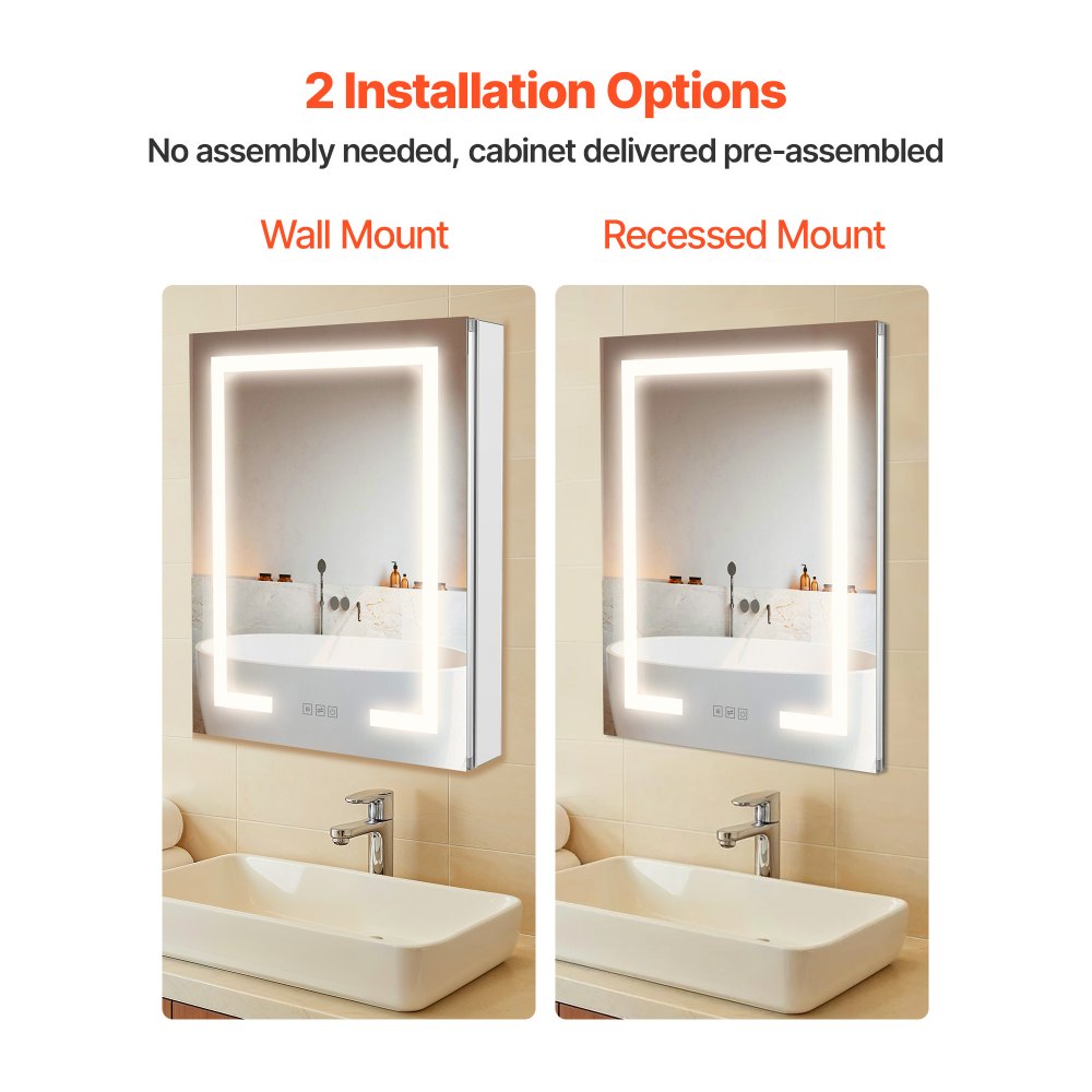 VEVOR Lighted Medicine Cabinet with Mirror, 20 x 26 in Recessed or Wall Mount, 3 Color Dimmable LED Bathroom Medicine Cabinet with Double-Side Mirror, Adjustable Shelves, Memory Anti-Fog Function