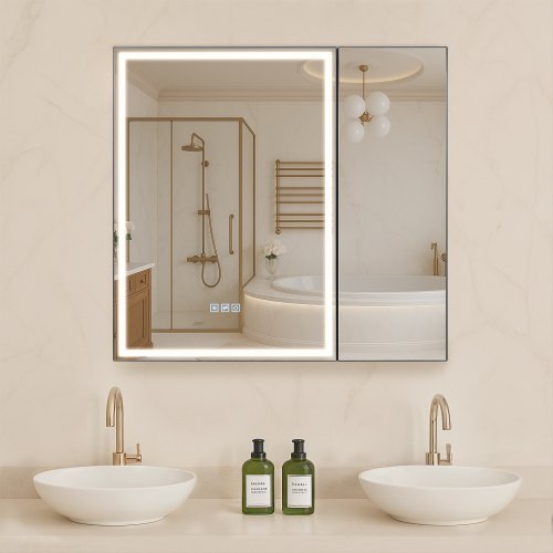 Lighted Medicine Cabinet 30 x 28" HD Tempered Glass Mirror Recessed Wall