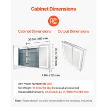Lighted Medicine Cabinet 36 x 30" HD Tempered Glass Mirror Recessed Wall