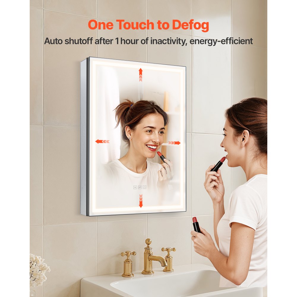 VEVOR Lighted Medicine Cabinet with Mirror, 50 x 70 cm Recessed or Wall Mount, 3 Color Dimmable LED Bathroom Medicine Cabinet with Bottom Lighting, Adjustable Shelve Storage, Memory Defog Function