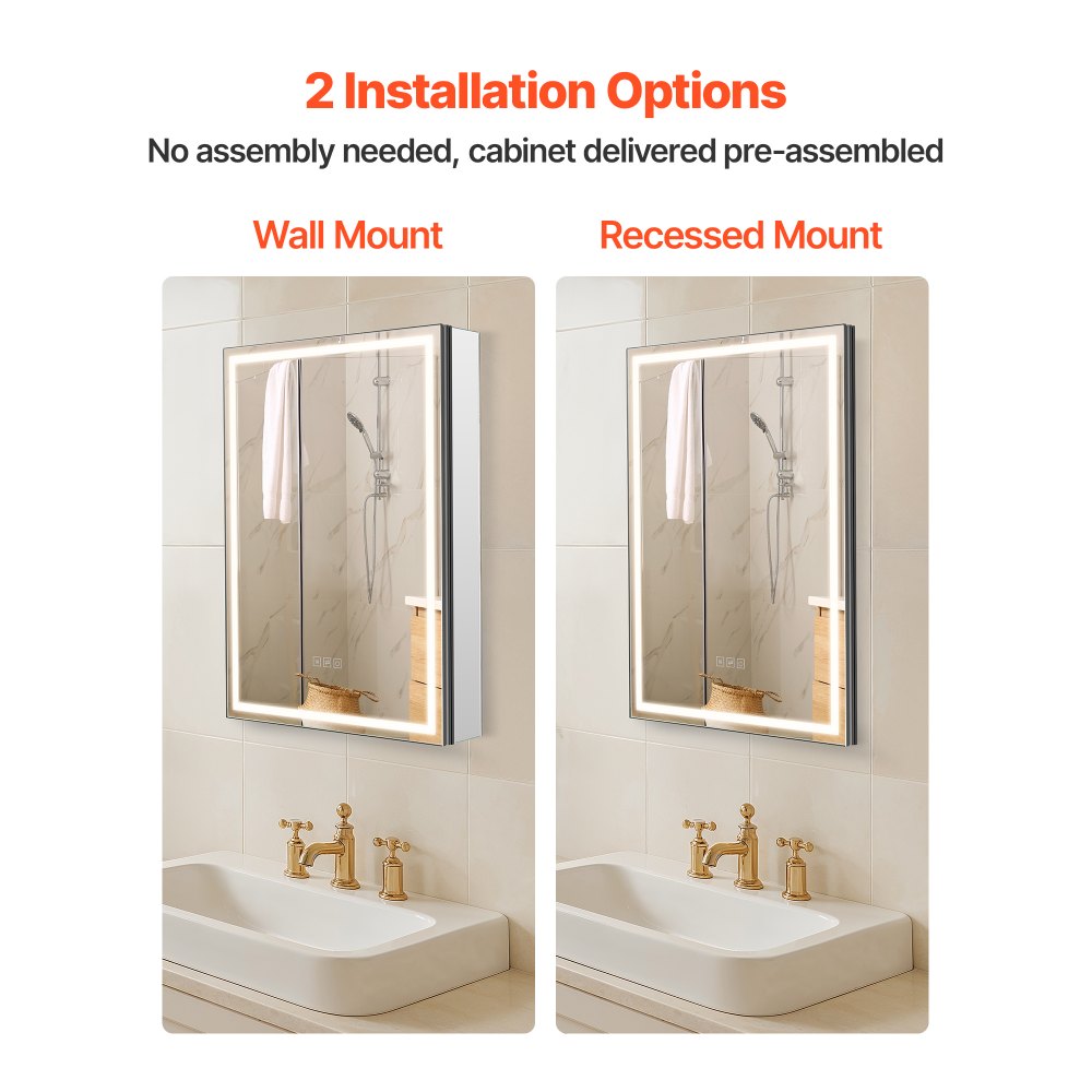 VEVOR Lighted Medicine Cabinet with Mirror, 50 x 70 cm Recessed or Wall Mount, 3 Color Dimmable LED Bathroom Medicine Cabinet with Bottom Lighting, Adjustable Shelve Storage, Memory Defog Function