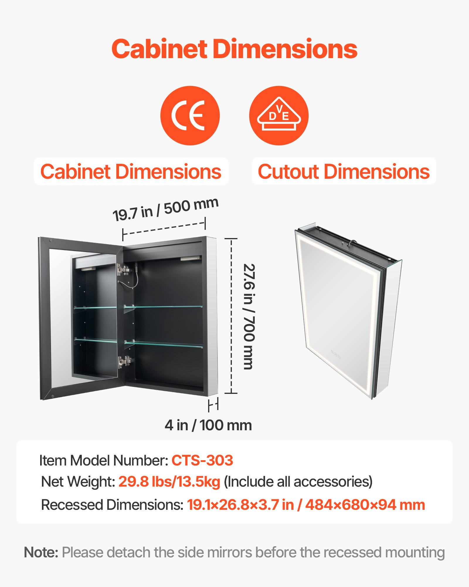 VEVOR Lighted Medicine Cabinet with Mirror, 50 x 70 cm Recessed or Wall Mount, 3 Color Dimmable LED Bathroom Medicine Cabinet with Bottom Lighting, Adjustable Shelve Storage, Memory Defog Function