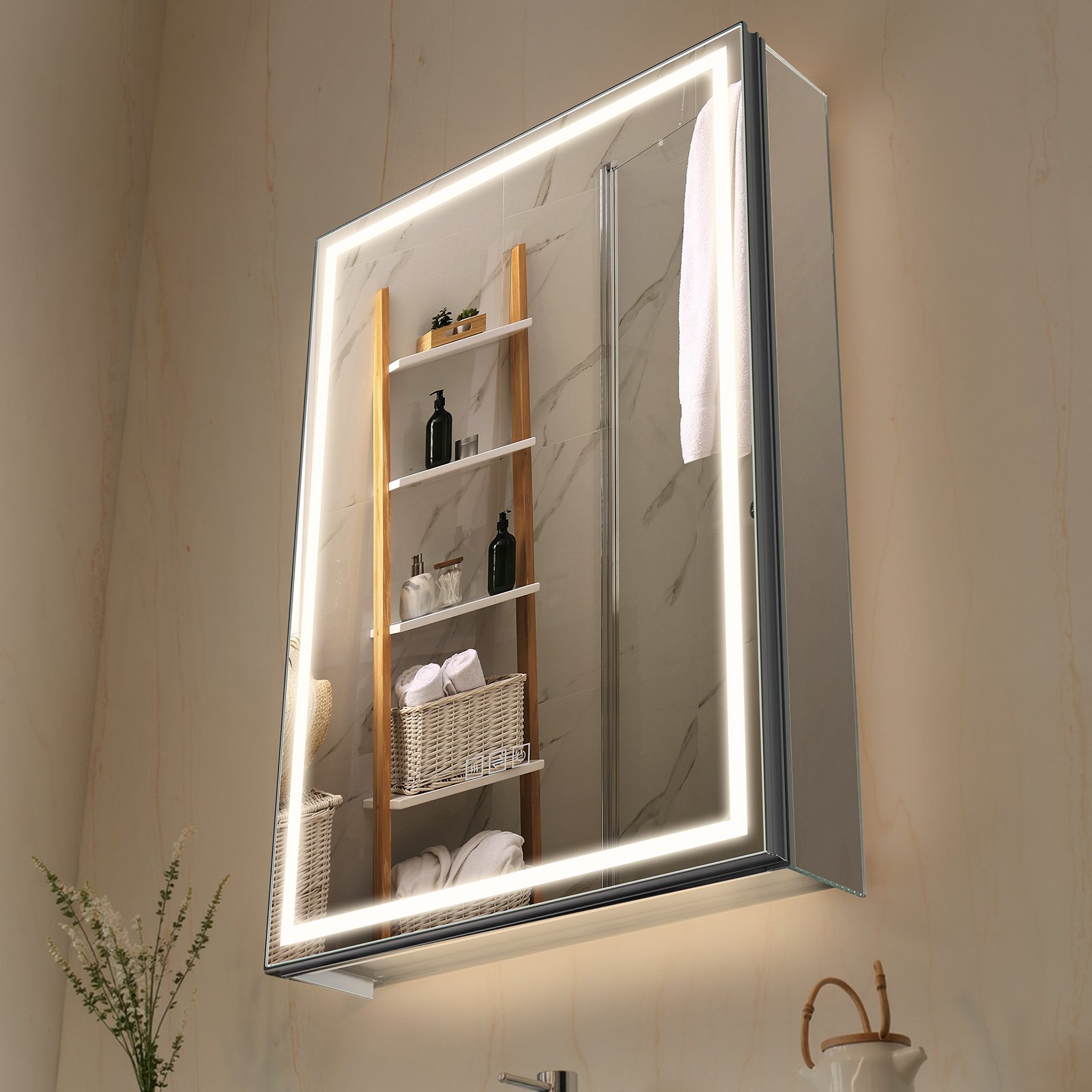 VEVOR Lighted Medicine Cabinet with Mirror, 50 x 70 cm Recessed or Wall Mount, 3 Color Dimmable LED Bathroom Medicine Cabinet with Bottom Lighting, Adjustable Shelve Storage, Memory Defog Function
