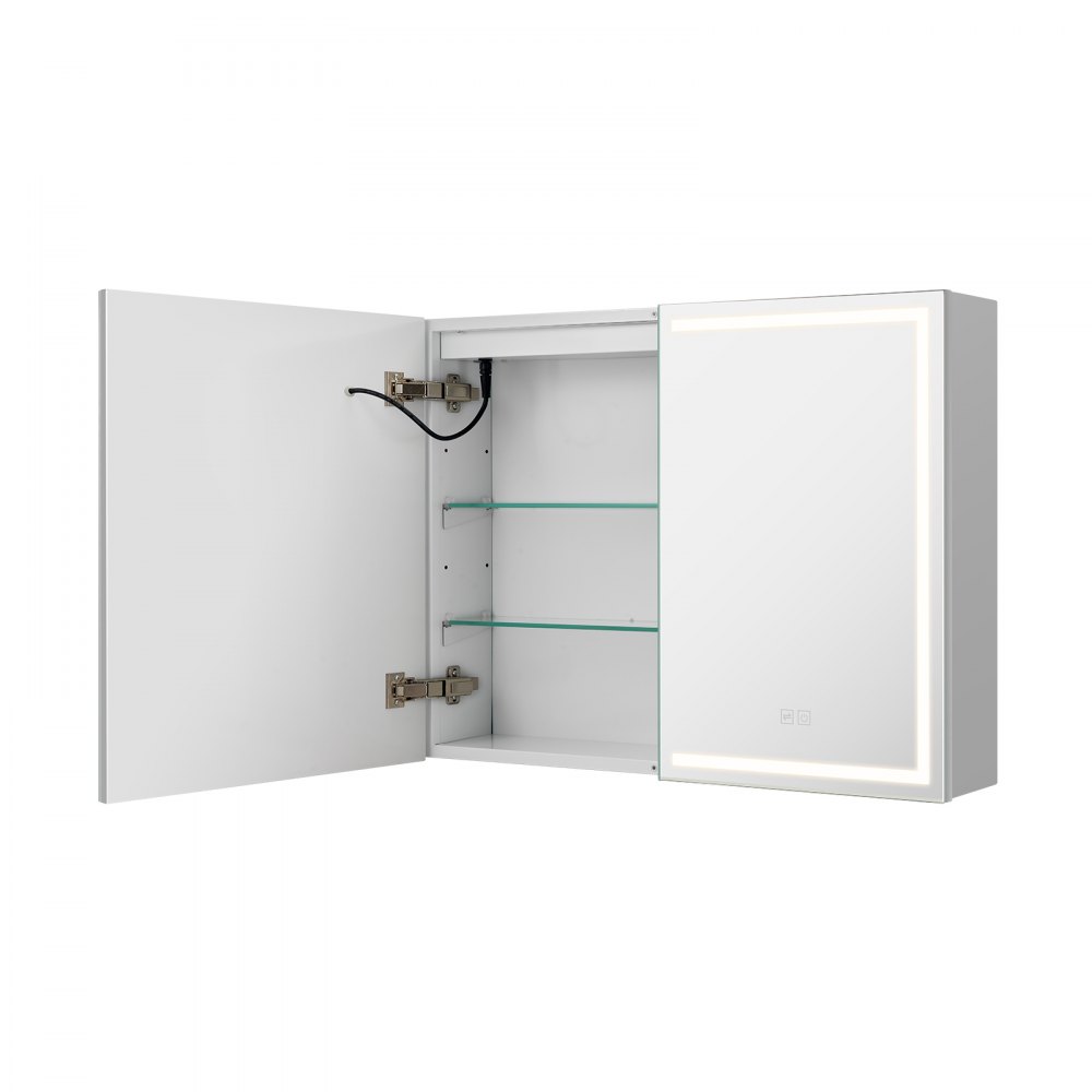 VEVOR Lighted Medicine Cabinet with Mirror, 60 x 80 cm Wall-Mounted, 3 Color Dimmable LED Bathroom Medicine Cabinet with HD Mirror, Memory Function/Adjustable Shelves Storage/ Outlets & USBs