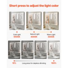 VEVOR Lighted Medicine Cabinet with HD Mirror 3 Color 60 x 80 cm Wall-Mounted