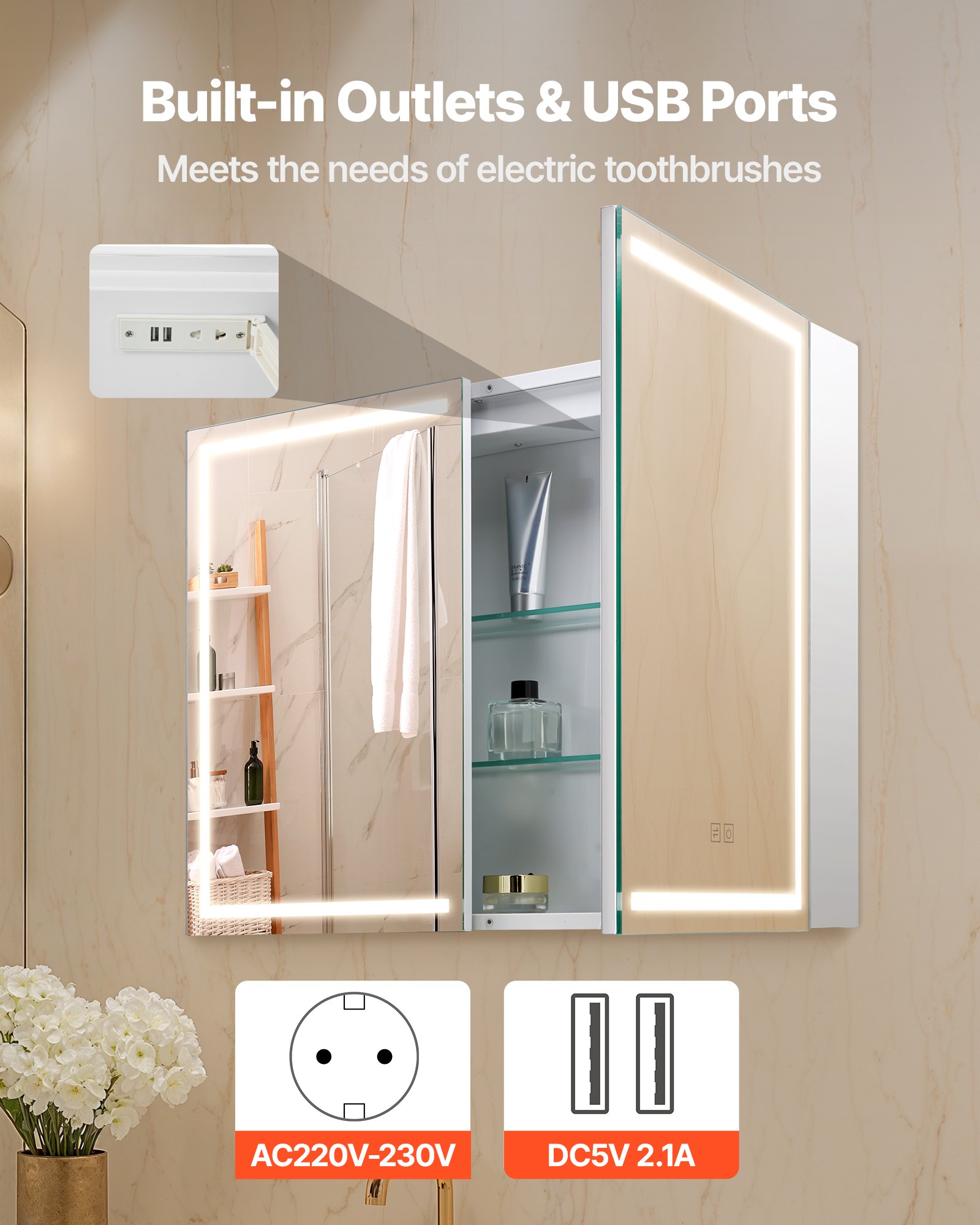 VEVOR Lighted Medicine Cabinet with Mirror, 60 x 80 cm Wall-Mounted, 3 Color Dimmable LED Bathroom Medicine Cabinet with HD Mirror, Memory Function/Adjustable Shelves Storage/ Outlets & USBs