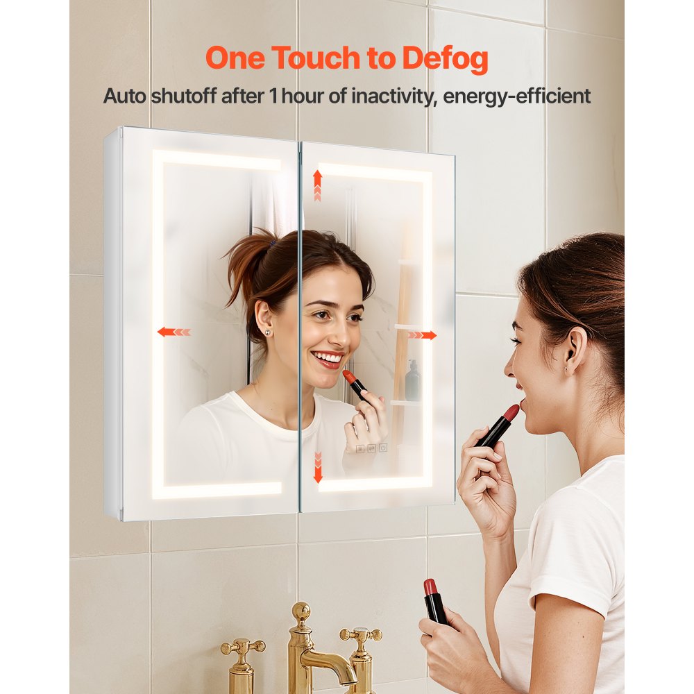 VEVOR Lighted Medicine Cabinet with Mirror, 65 x 65 cm Recessed or Wall Mount, 3 Color Dimmable LED Bathroom Medicine Cabinet with HD Mirror, Adjustable Shelve Storage, Memory Defog Function